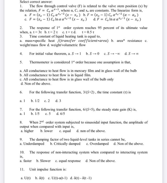 Solved Select correct answer: 1. The flow through control | Chegg.com