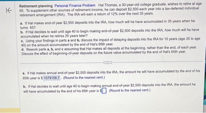 Solved Retirement planning Personal Finance Problem Hal | Chegg.com