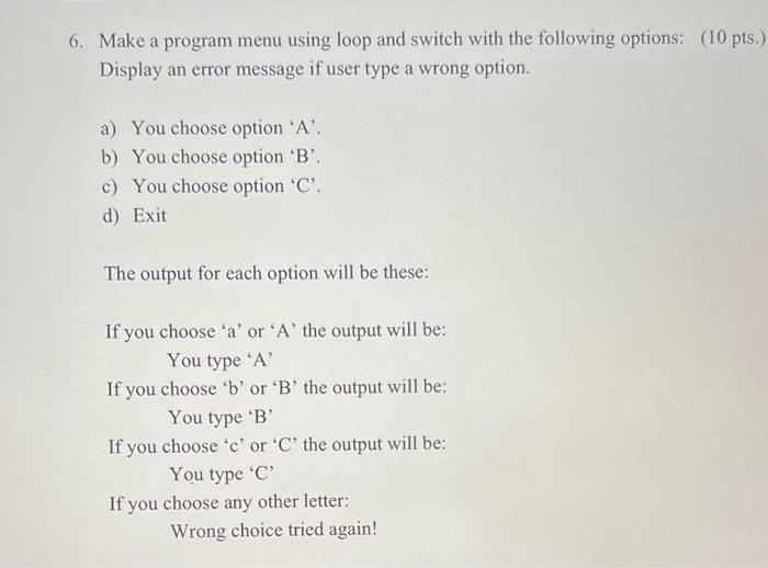 Solved 6. Make a program menu using loop and switch with the | Chegg.com