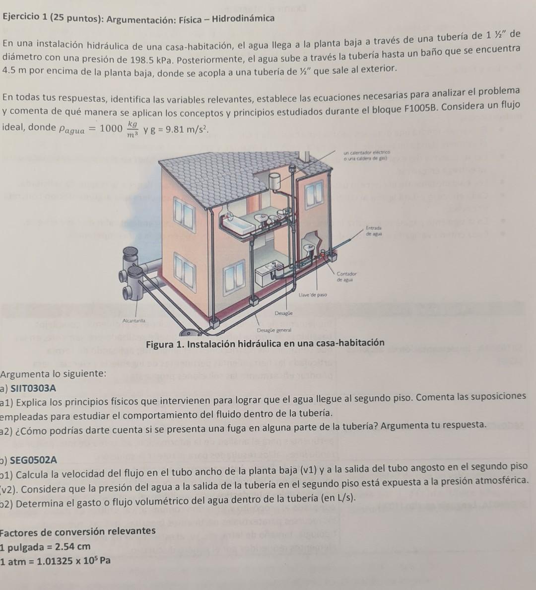 Ejercicio 1 (25 puntos): Argumentación: Física - Hidrodinámica En una instalación hidráulica de una casa-habitación, el agua