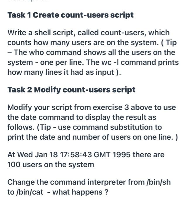 Solved Task 1 Create count-users script Write a shell | Chegg.com