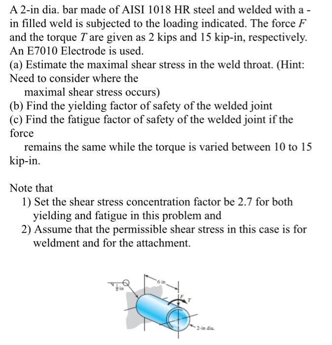 A 2 -in dia. bar made of AISI 1018 HR steel and welded with a in filled weld is subjected to the loading indicated. The force