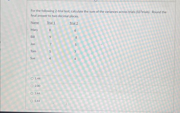 Solved For the following 2-trial test, calculate the sum of | Chegg.com
