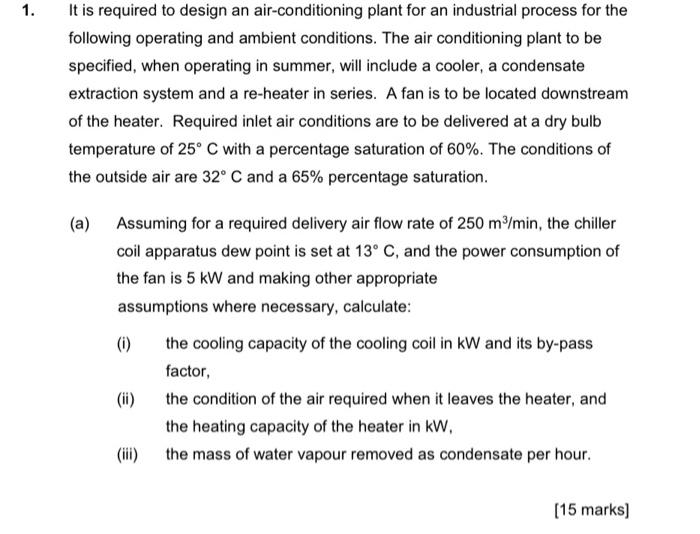 Solved 1. It is required to design an air-conditioning plant | Chegg.com