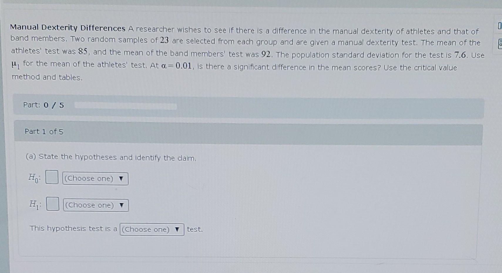 Solved E Manual Dexterity Differences A researcher wishes to