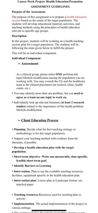 Course Work Project: Health Education Promotion | Chegg.com