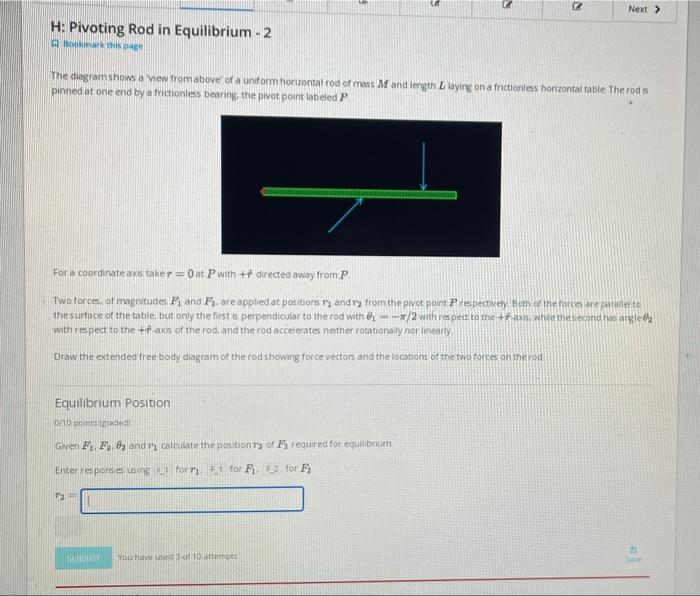 Solved 2 Next > H: Pivoting Rod in Equilibrium - 2 Bookmark | Chegg.com