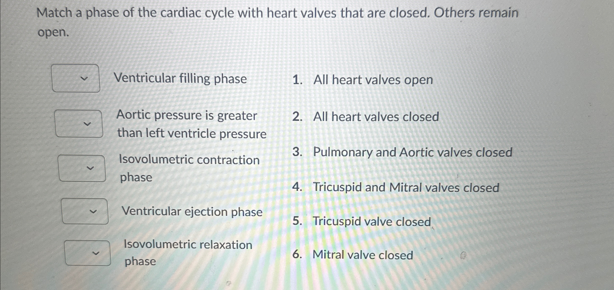 Solved Match a phase of the cardiac cycle with heart valves | Chegg.com