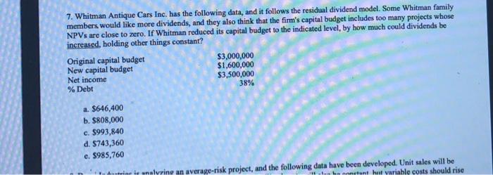 Solved 7. Whitman Antique Cars Inc. has the following data, | Chegg.com