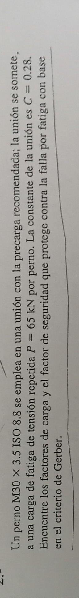 S Un perno M30 × 3.5 ISO 8.8 se emplea en una unión con la precarga recomendada; la unión se somete. a una carga de fatiga de