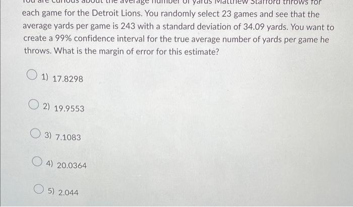 Solved each game for the Detroit Lions. You randomly select | Chegg.com