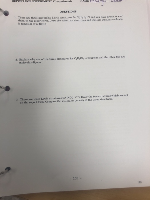 Solved REPORT FOR EXPERIMENT 17 (continued) NAME MM TULLUT | Chegg.com