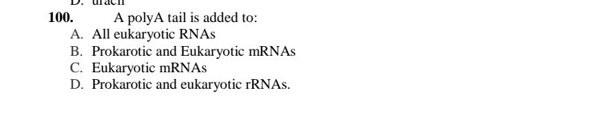 Solved 100. A polyA tail is added to: A. All eukaryotic RNAs | Chegg.com