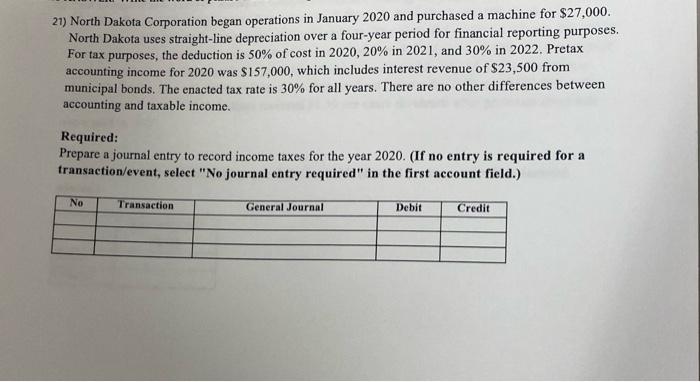 Solved 21) North Dakota Corporation Began Operations In | Chegg.com