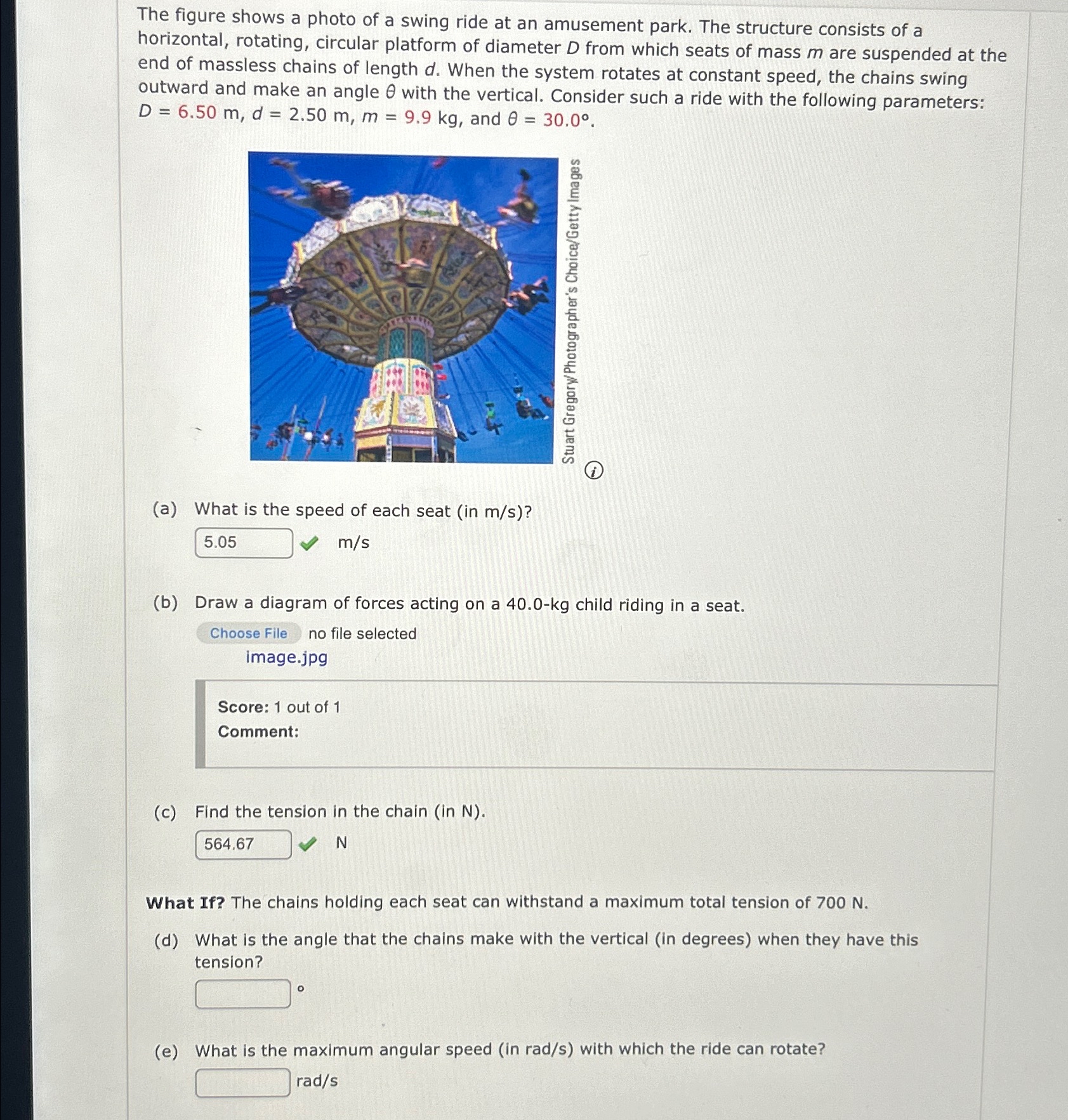 Solved The figure shows a photo of a swing ride at an | Chegg.com