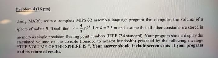 Solved Problem 4 (16 pts) Using MARS, write a complete | Chegg.com