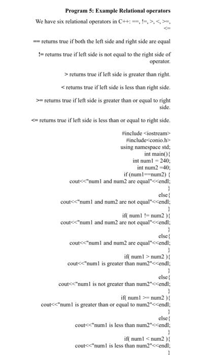 Solved Program 3: Example Relational operators We have six | Chegg.com