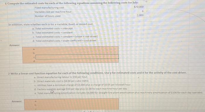 2 Write a linear cost function equation for each of | Chegg.com