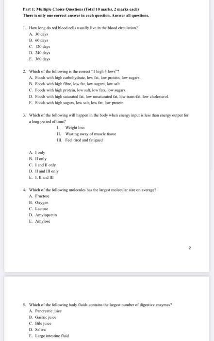 Solved Part 1: Multiple Choice Questions (Total 10 marks, 2 | Chegg.com