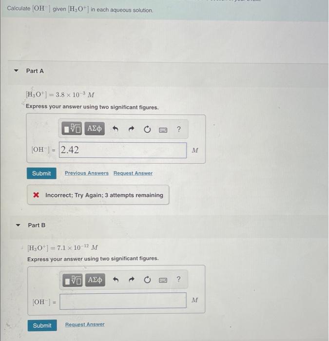 Solved Calculate [OH] Given [H3O+]in Each Aqueous Solution. | Chegg.com