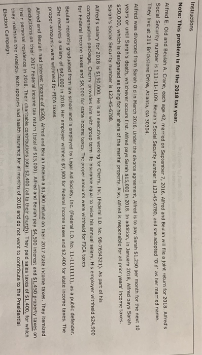 Instructions Note: This problem is for the 2018 tax | Chegg.com Instructions Note: This problem is for the 2018 tax | Chegg.com