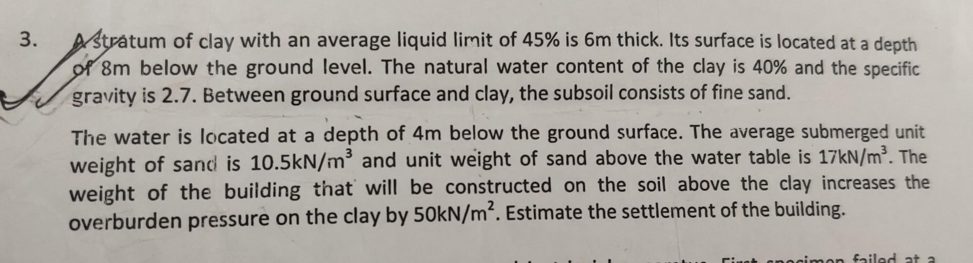 Solved Stratum of clay with an average liquid limit of 45