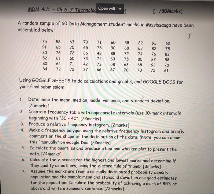 Solved a random sample of 60 data management student marks | Chegg.com