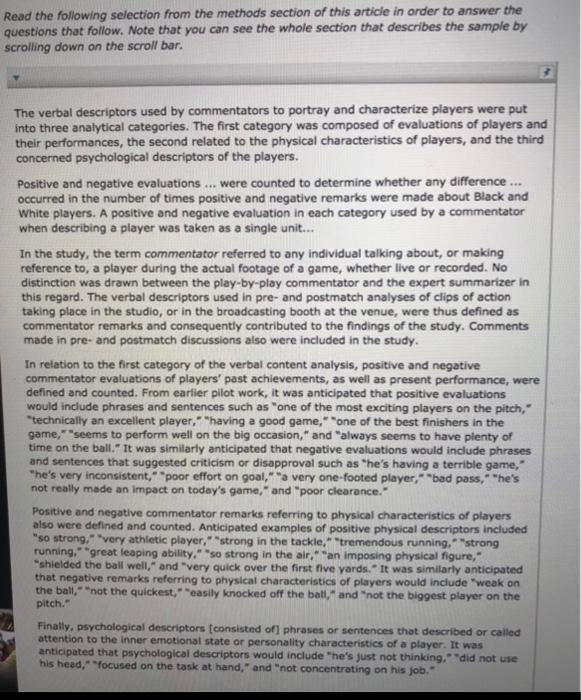 Solved Read the following selection from the methods section | Chegg.com