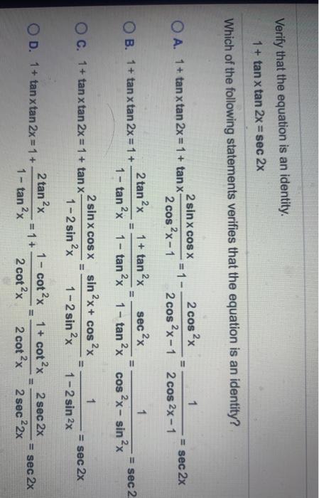 Solved Verify That The Equation Is An Identity 1 Tan X Chegg Com