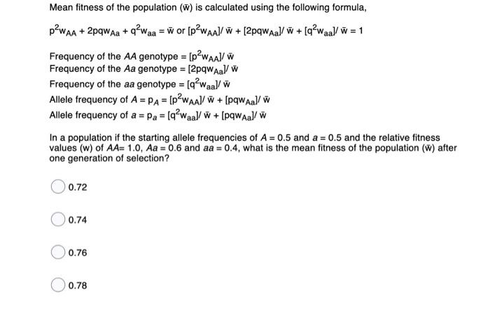 Solved Mean Fitness Of The Population W Is Calculated Chegg Com