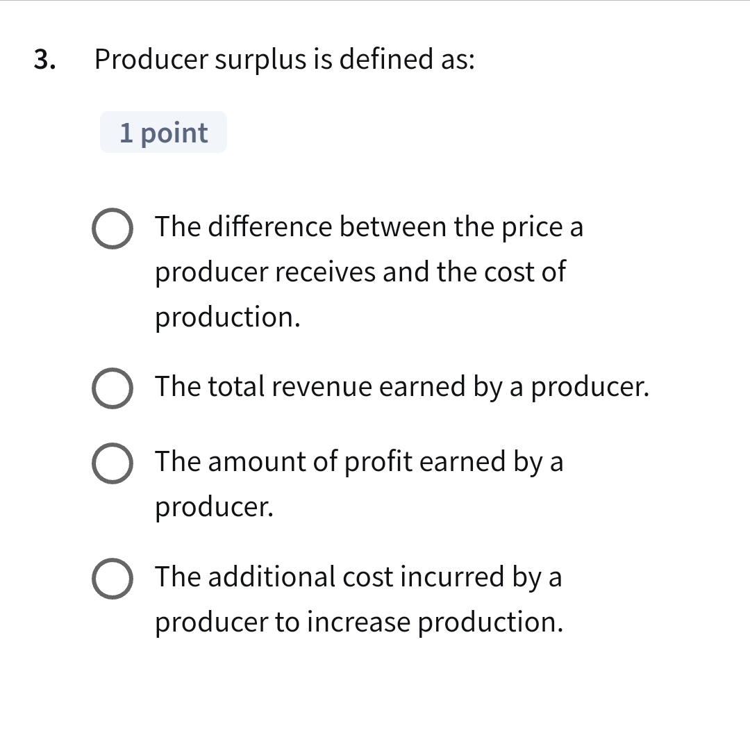 Solved Producer surplus is defined as:The difference between | Chegg.com