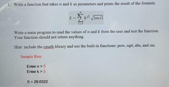 Solved 1. Write a function that takes n and k as parameters | Chegg.com