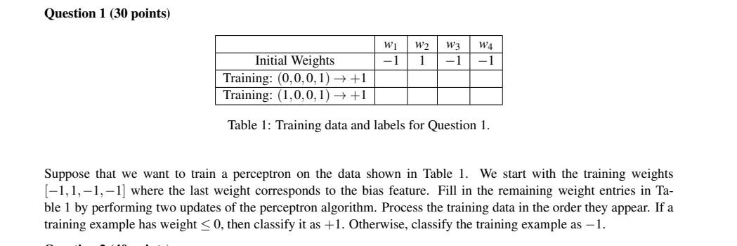 Solved Question 1 (30 points) Table 1: Training data and | Chegg.com