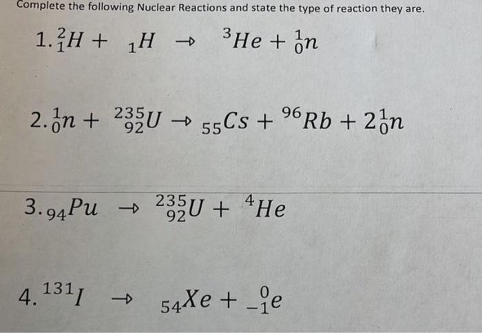 Solved Complete The Following Nuclear Reactions And State | Chegg.com