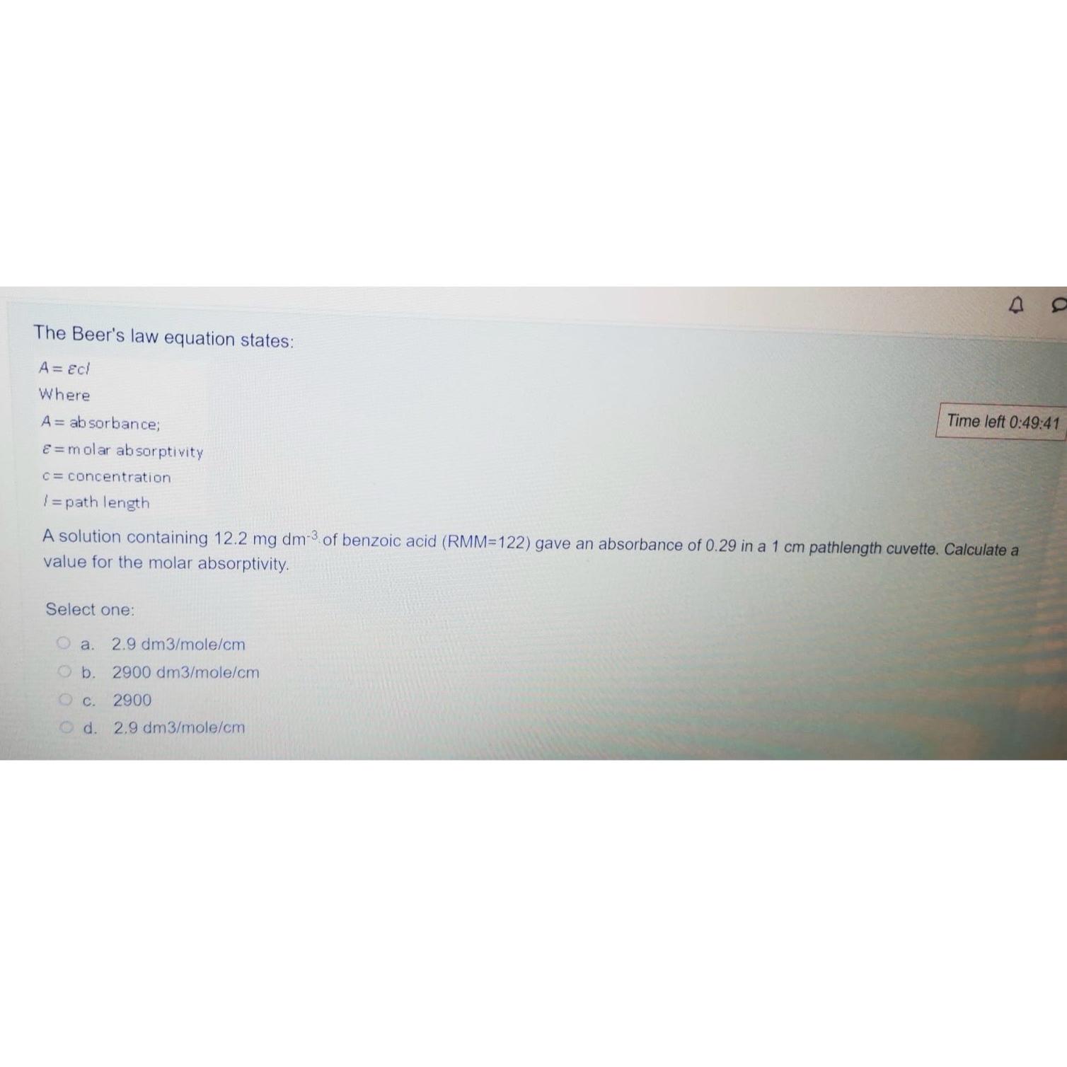 Solved The Beer's law equation