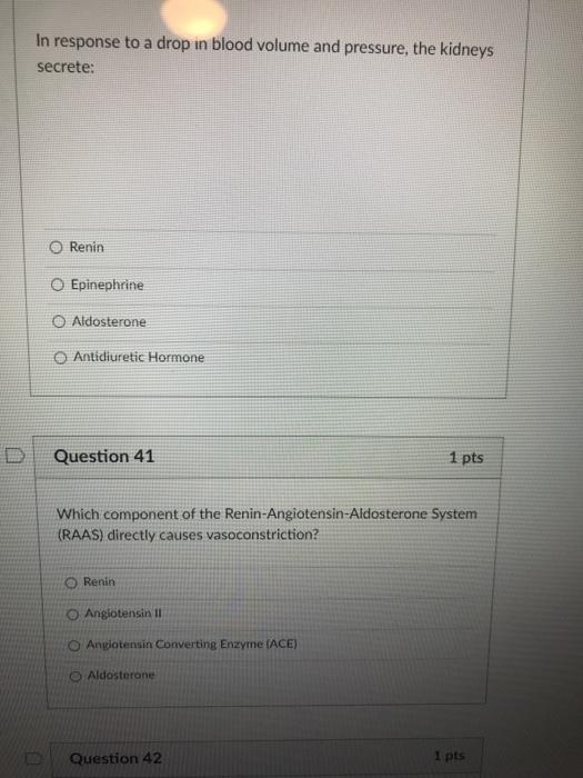 Solved In response to a drop in blood volume and pressure, | Chegg.com