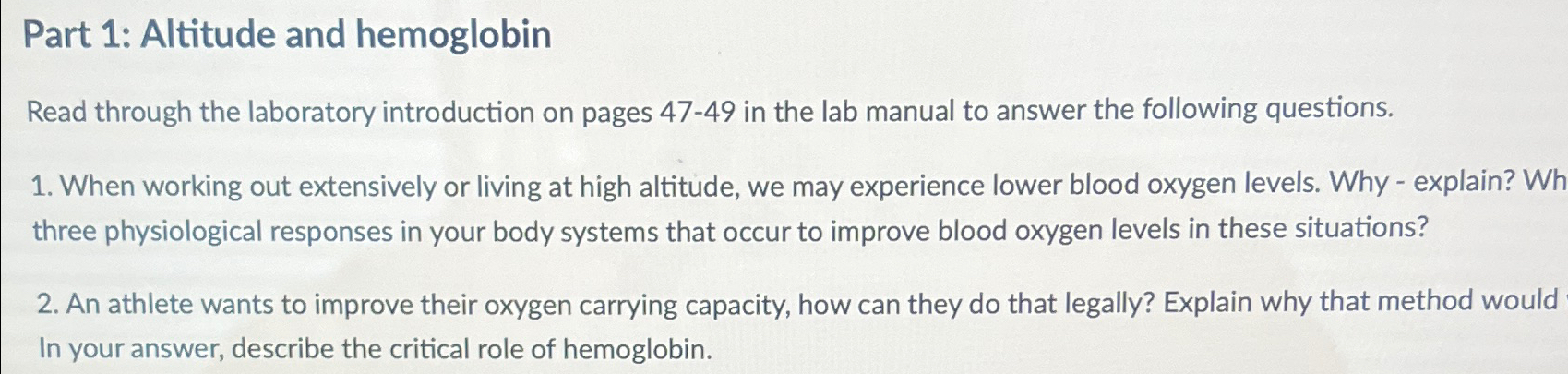 Solved Part 1: Altitude and hemoglobinRead through the | Chegg.com