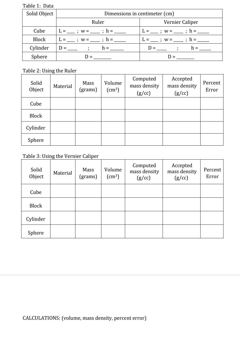 Table 1: Data Solid Object Dimensions in centimeter | Chegg.com