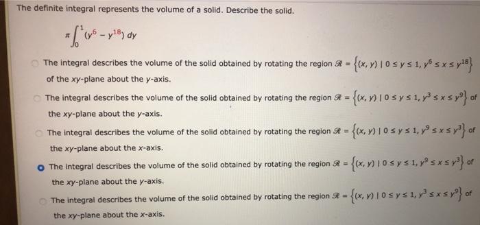 Solved The definite integral represents the volume of a | Chegg.com
