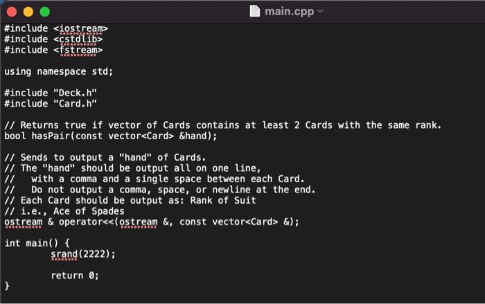 Solved Write a Card class and a Deck class that stores a | Chegg.com