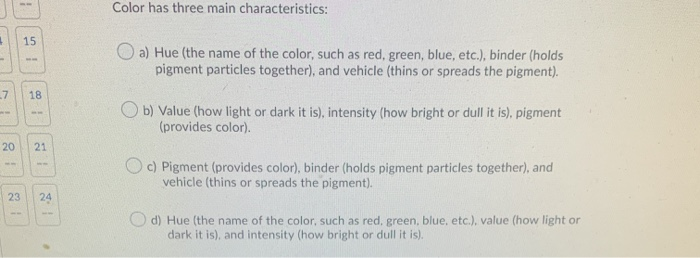 Solved Color has three main characteristics: a) Hue (the | Chegg.com