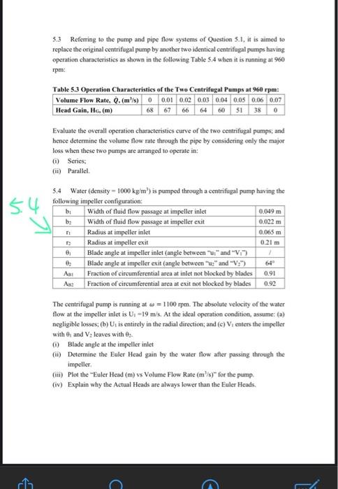 Solved 5.3 Referring to the pump and pipe flow systems of | Chegg.com