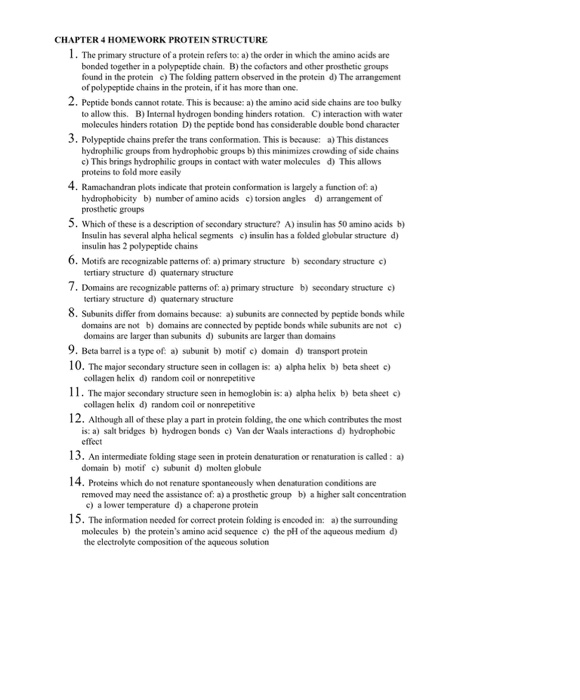 Solved CHAPTER 4 HOMEWORK PROTEIN STRUCTURE 1. The primary | Chegg.com