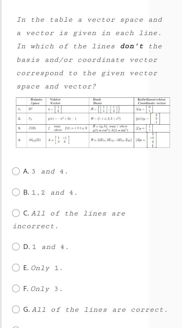 Solved In the table a vector space and а vector is given in | Chegg.com