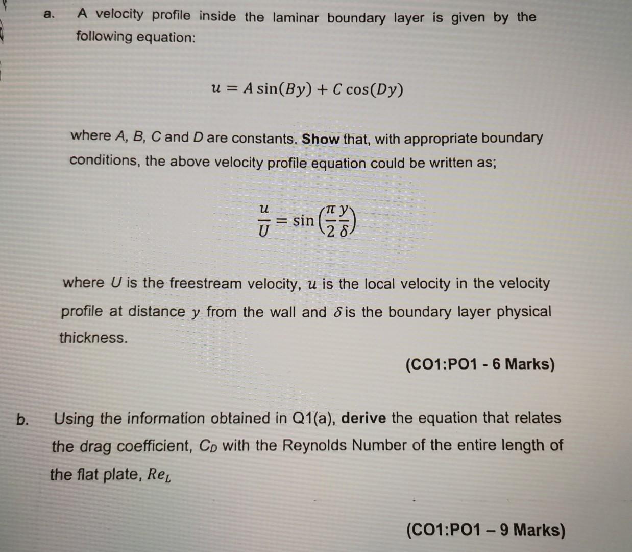 Solved a. A velocity profile inside the laminar boundary | Chegg.com