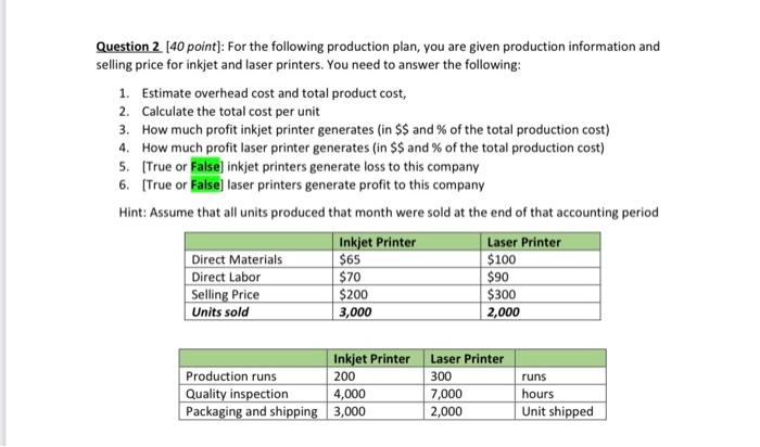 Solved Question 2 [40 point]: For the following production | Chegg.com