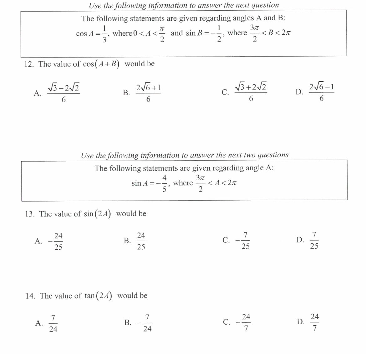 Solved Use the following information to answer the next | Chegg.com