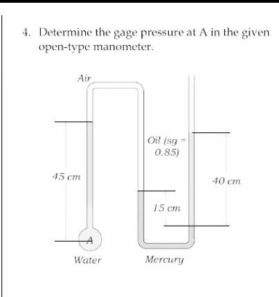 Solved 4. Determine the gage pressure at A in the given | Chegg.com