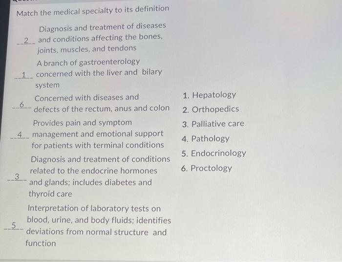 Match the medical specialty to its definition | Chegg.com