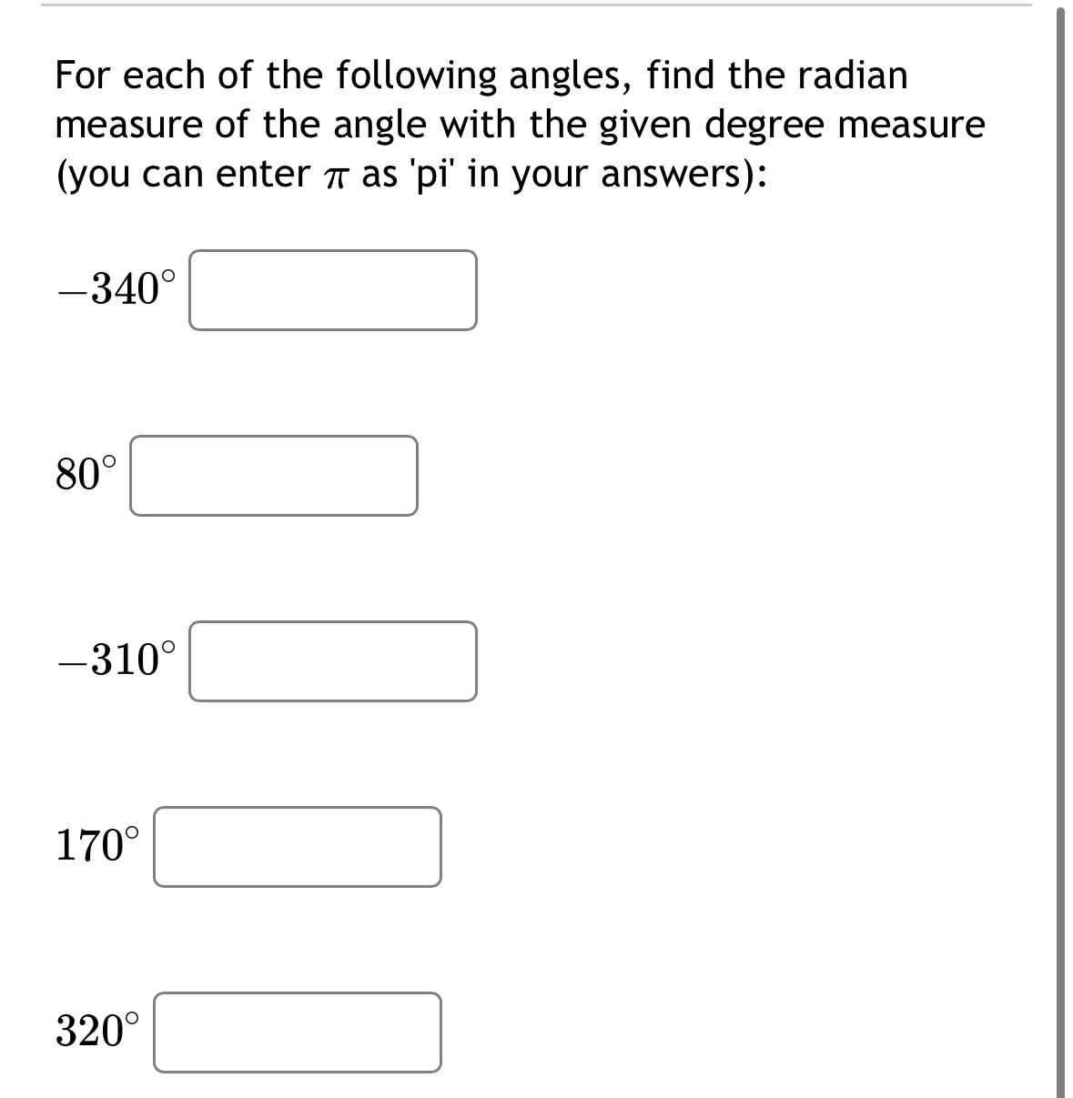 Solved For each of the following angles, find the radian | Chegg.com